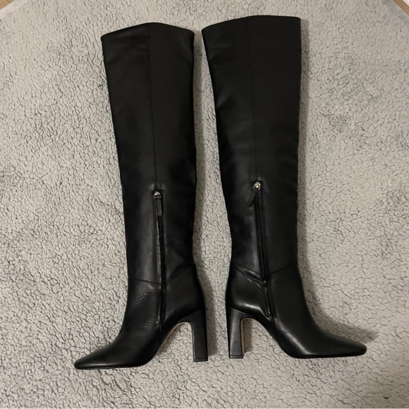ZARA BLACK LEATHER OVER THE KNEE BOOTS ZIP & BLOCK HEEL Size US-7 / EU 37 - Picture 4 of 16